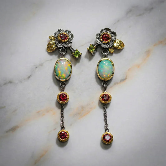 Boho-Chic Earrings with Brilliant Opal and Red Cubic Zirconia