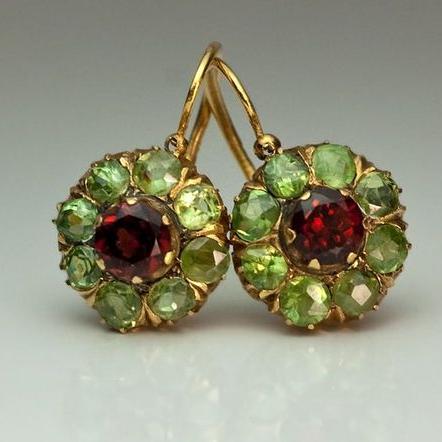 Vintage Garnet and Round Peridot Cluster Dangle Earrings