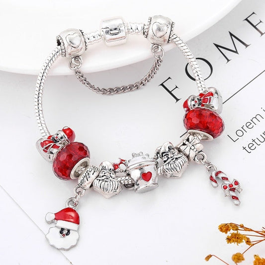 Festive Christmas Bracelet with Red Crystals and Santa Claus Charms
