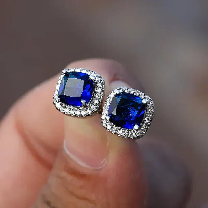 Elegant Sapphire Earrings with Cushion-Cut Cubic Zirconia Halo