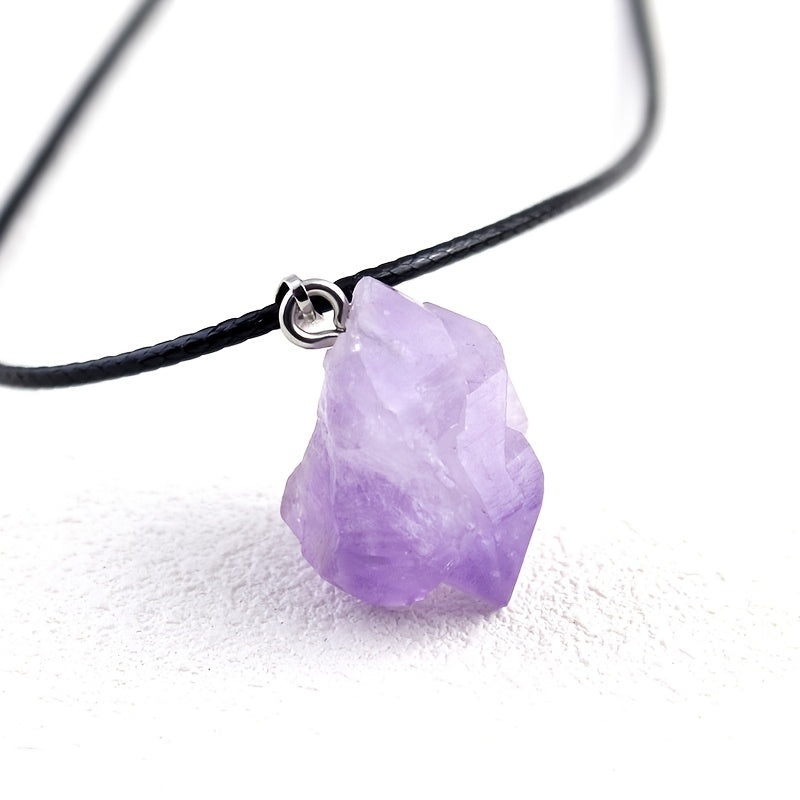Raw Natural Amethyst Crystal Pendant Necklace with Leather Cord