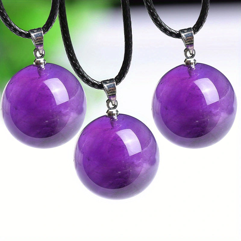 Amethyst Sphere Pendant Necklace on Black Leather Cord, Unisex