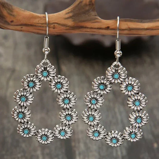 Antique Turquoise Blue Flower Dangle Earrings, Western Style