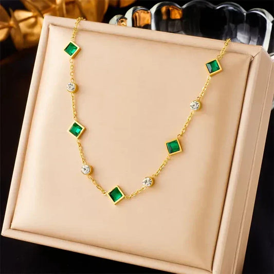 Elegant Necklace with Square Emerald Green Pendant and Cubic Zirconia