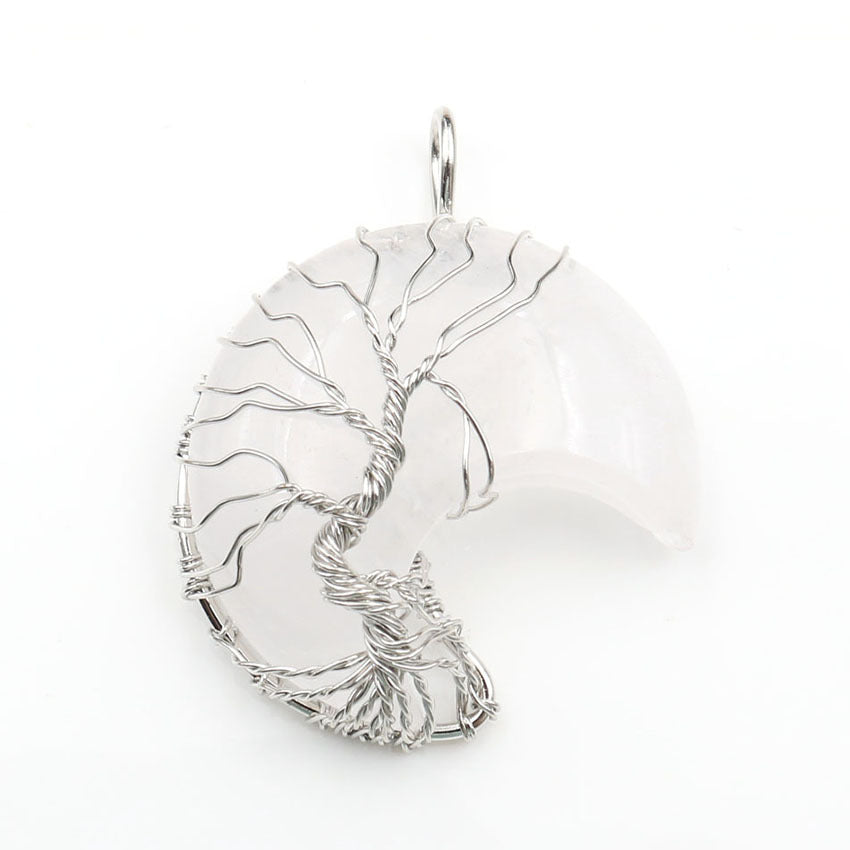 Moon-Shaped Tree of Life Healing Stone Pendant with Chain