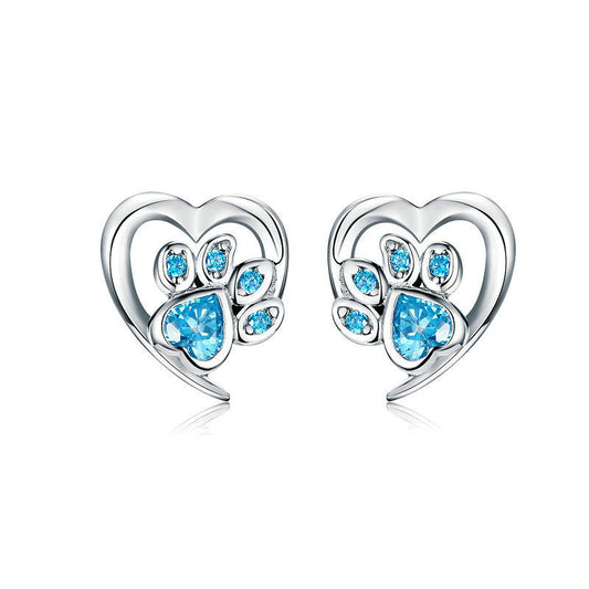 Heart-Shaped Paw Print Earrings with Brilliant Cubic Zirconia
