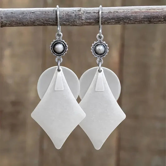 Elegant White Earrings with Diamond-Shaped Charms and Antique Setting