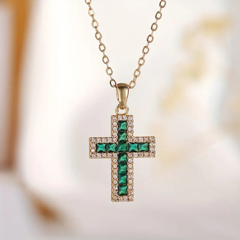 Filigree Cross Necklace with Green Cubic Zirconia and Rhinestone Trim