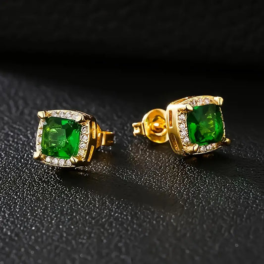 Emerald Green Square Gemstone Earrings with Cubic Zirconia Halo