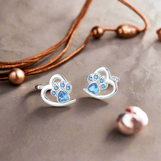 Brilliant Earrings with Heart Paw Print Design and Cubic Zirconia Crystals