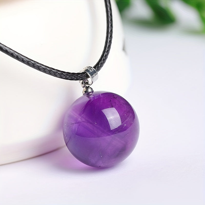 Amethyst Sphere Pendant Necklace on Black Leather Cord, Unisex