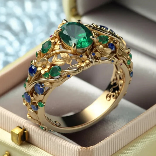 Luxury Floral Ring with Green and Blue Crystals