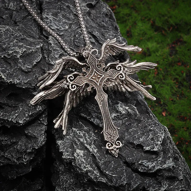 Angel Wing Cross Necklace with Filigree Detailing