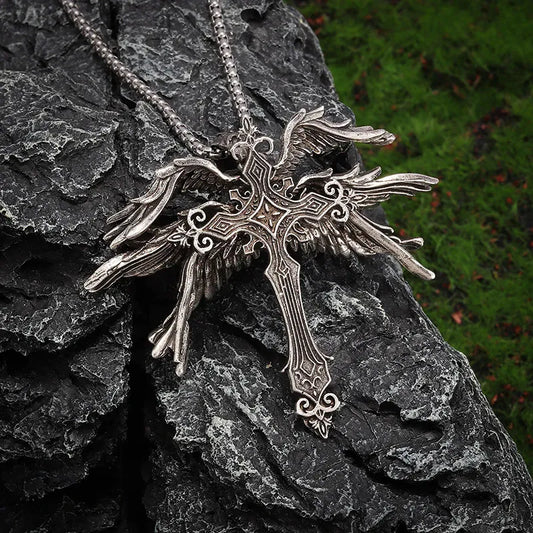 Angel Wing Cross Necklace with Filigree Detailing