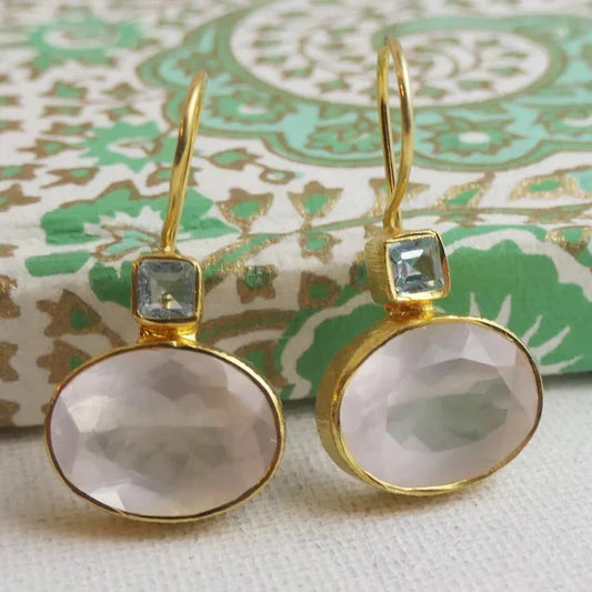 Delicate Rose Quartz Earrings with Sky Blue Gems
