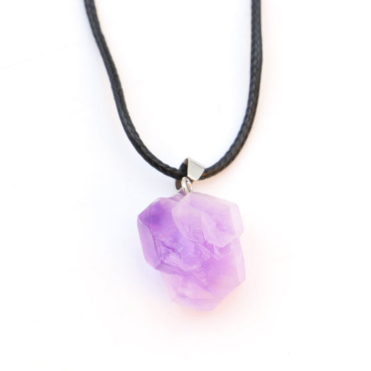 Natural Amethyst Crystal Pendant Necklace with Adjustable Leather Cord