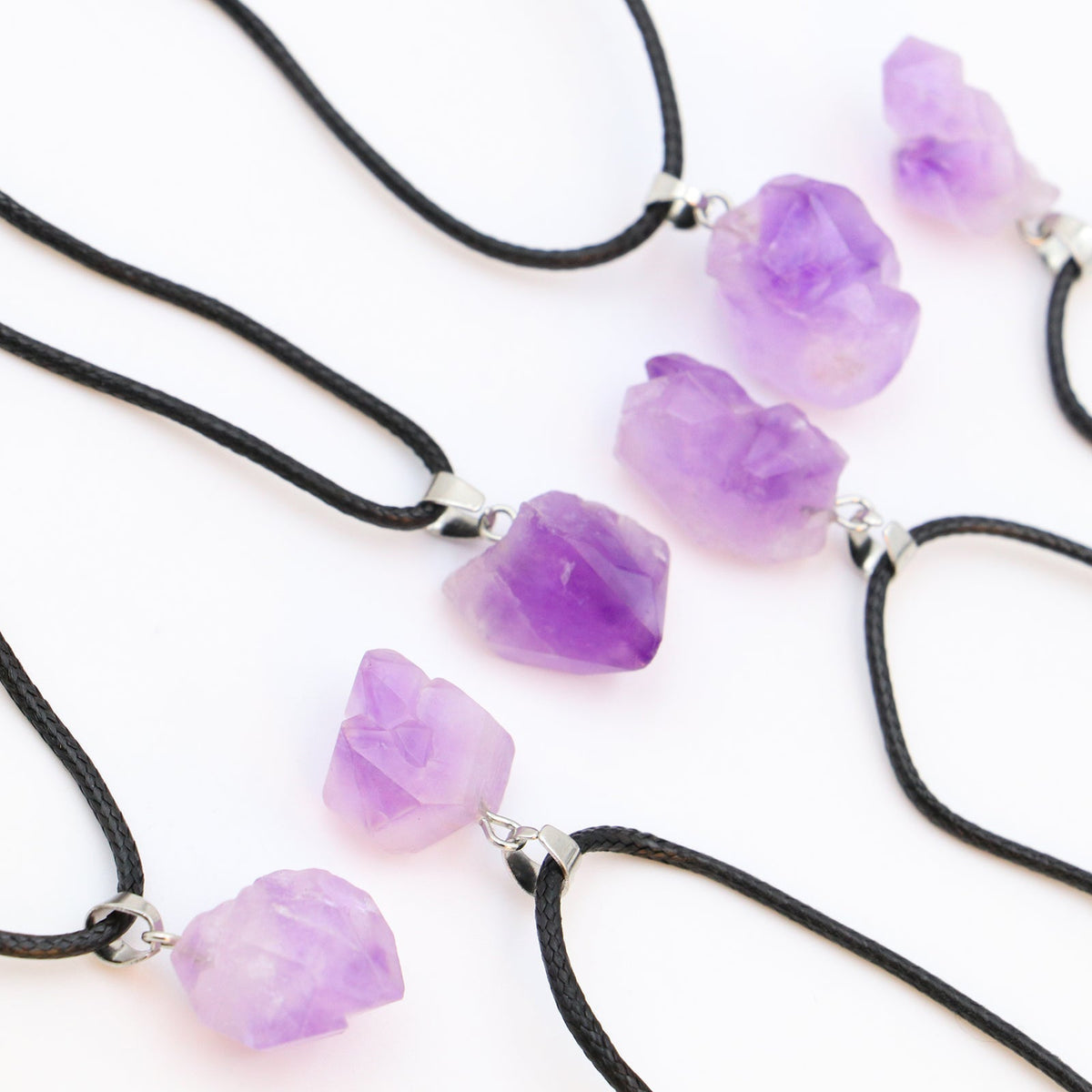 Natural Amethyst Crystal Pendant Necklace with Adjustable Leather Cord