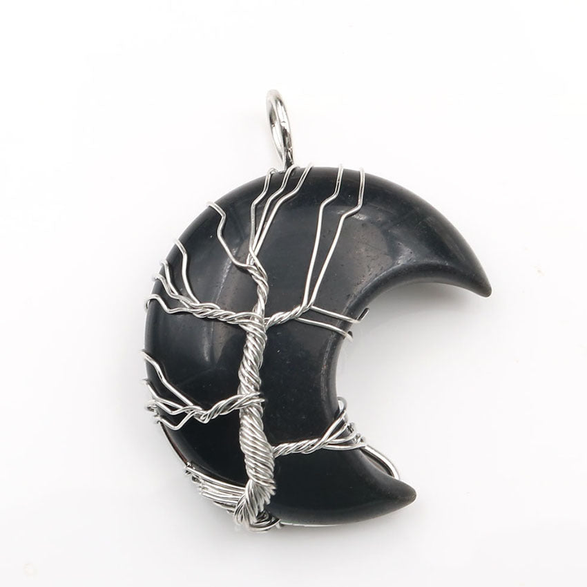 Moon-Shaped Tree of Life Healing Stone Pendant with Chain