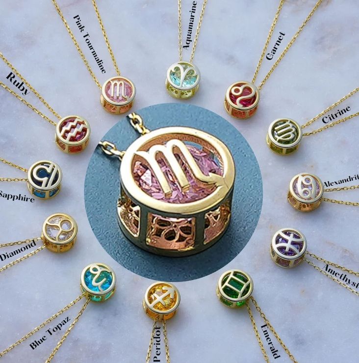 Double-Sided Zodiac Sign Necklace with Birthstone Details