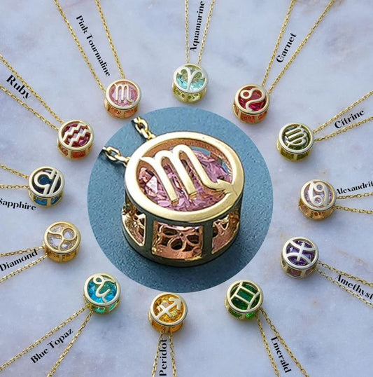 Double-Sided Zodiac Sign Necklace with Birthstone Details