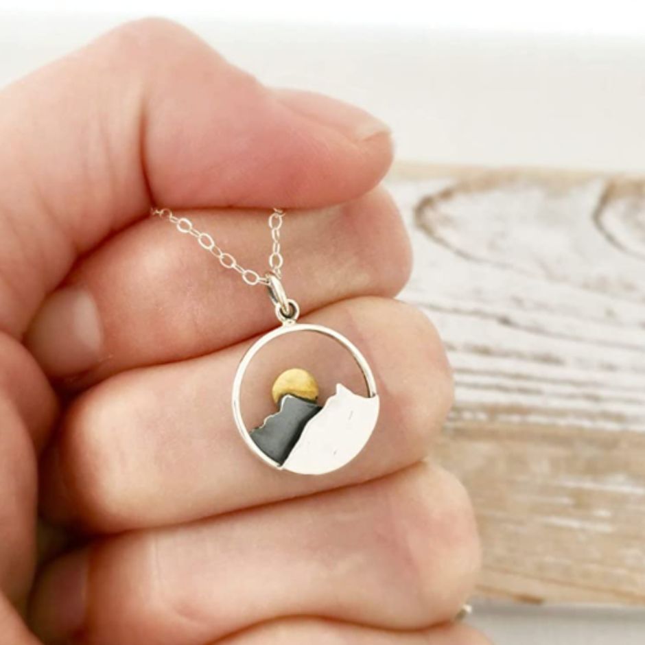 Mountain Landscape Necklace with Sun and Hammered Details