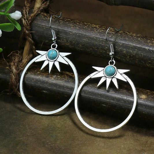 Boho Earrings with Turquoise Stone and Sunburst Design
