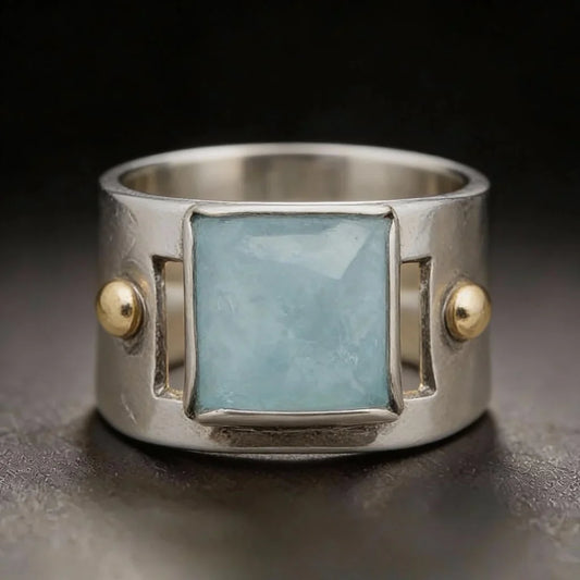 Vintage Stainless Steel Ring with Green Moonstone