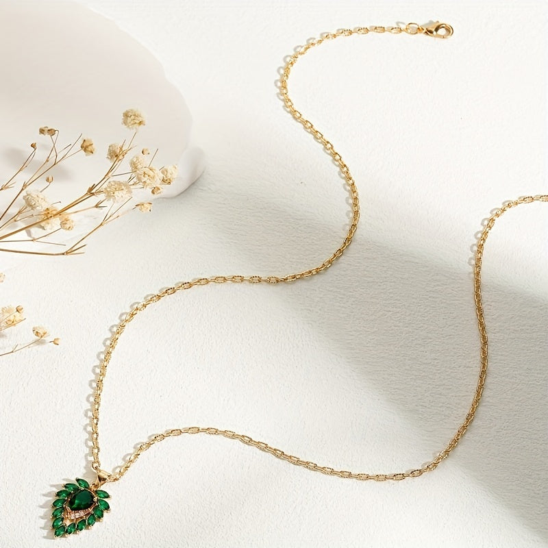 Elegant Emerald Green Teardrop Necklace with Cubic Zirconia Details