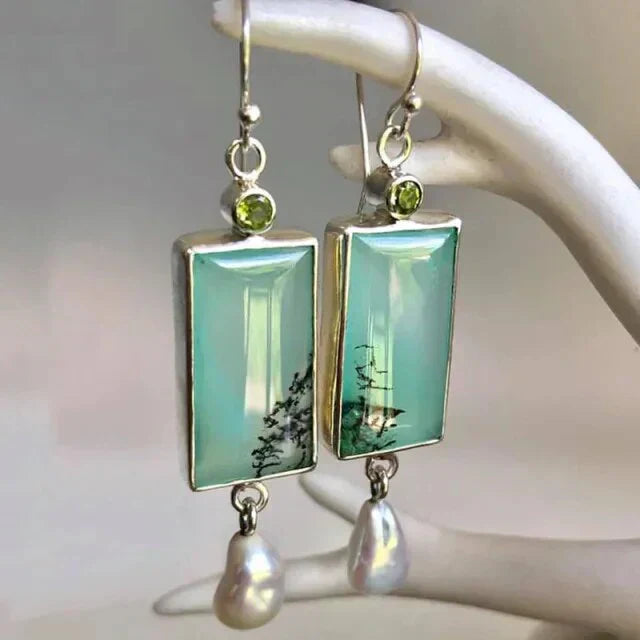 Rectangular Turquoise Dangle Earrings with Peridot and Freshwater Pearls