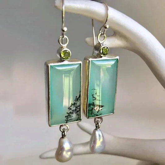 Rectangular Turquoise Dangle Earrings with Peridot and Freshwater Pearls