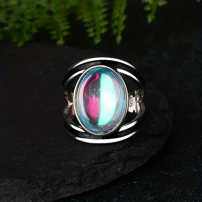 Stainless Steel Ring with Iridescent Moonstone