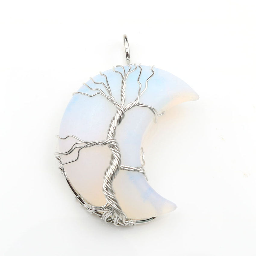 Moon-Shaped Tree of Life Healing Stone Pendant with Chain
