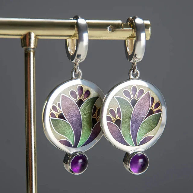Boho Purple Enamel Crystal Earrings with Amethyst Gemstones