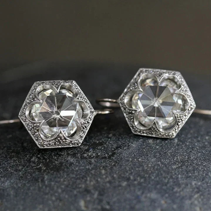 Antique Hexagonal Faceted Crystal Earrings with Floral Border