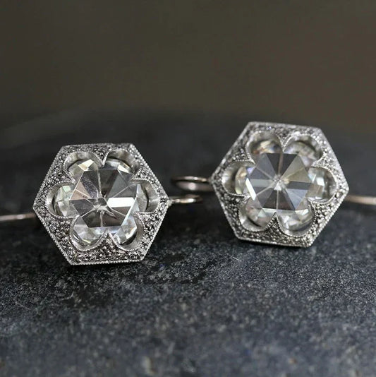 Antique Hexagonal Faceted Crystal Earrings with Floral Border