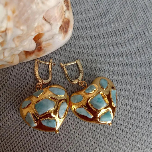 Vintage heart-shaped earrings with a turquoise mosaic stone in a unique design