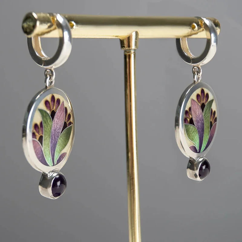 Boho Purple Enamel Crystal Earrings with Amethyst Gemstones