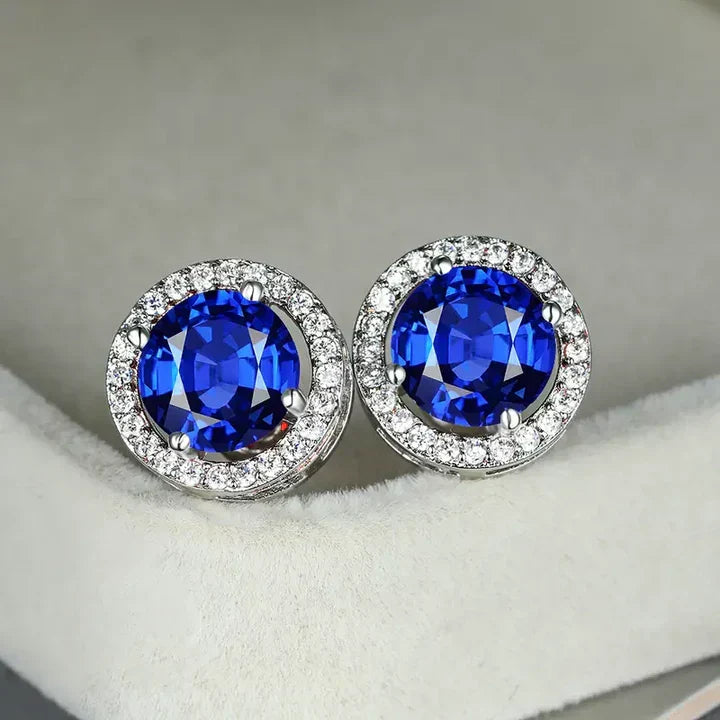 Earrings with sapphire-blue cubic zirconia halo and crystals