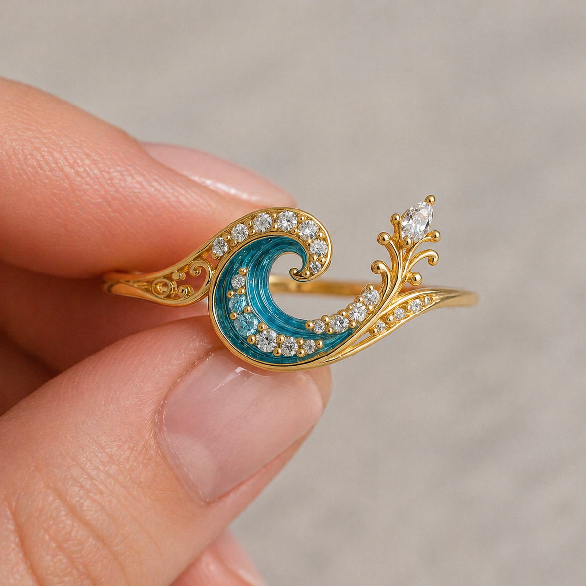 Sea Wave Ring with Blue Enamel and Crystals