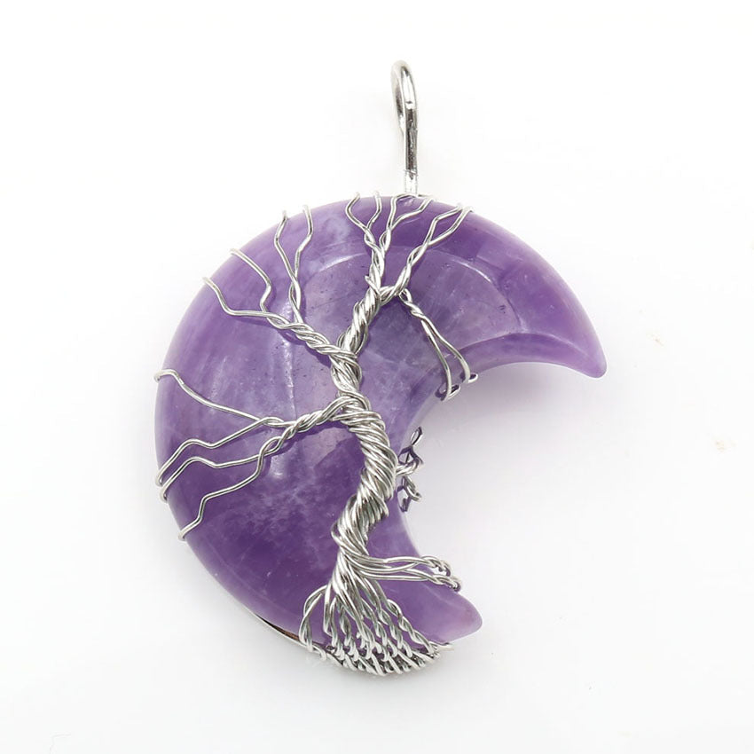 Moon-Shaped Tree of Life Healing Stone Pendant with Chain