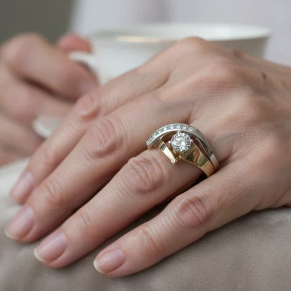 Irregular Vintage Gold and Silver Ring with Cubic Zirconia