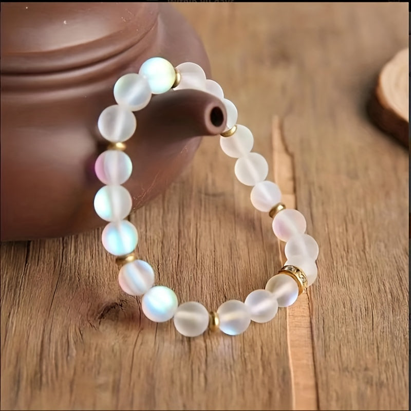 Bracelet made from iridescent moonstone beads with sparkling cubic zirconia details