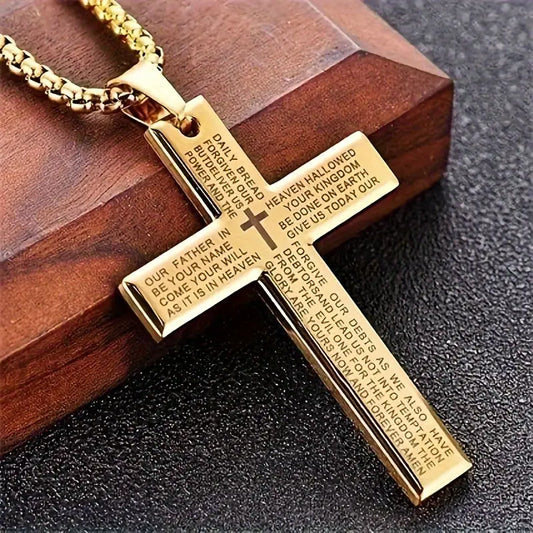 Modern Men's Stainless Steel Cross Necklace with Prayer Engraving