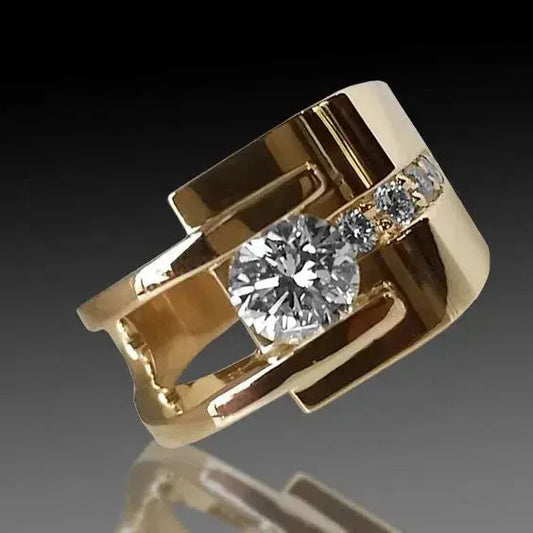 Asymmetric Vintage Gold Ring with Cubic Zirconia