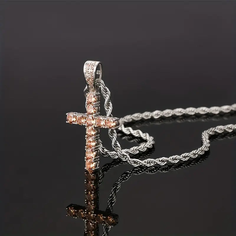 Sparkling Cubic Zirconia Cross Necklace on Cord Chain