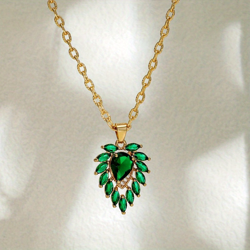 Elegant Emerald Green Teardrop Necklace with Cubic Zirconia Details