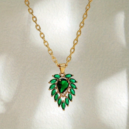 Elegant Emerald Green Teardrop Necklace with Cubic Zirconia Details