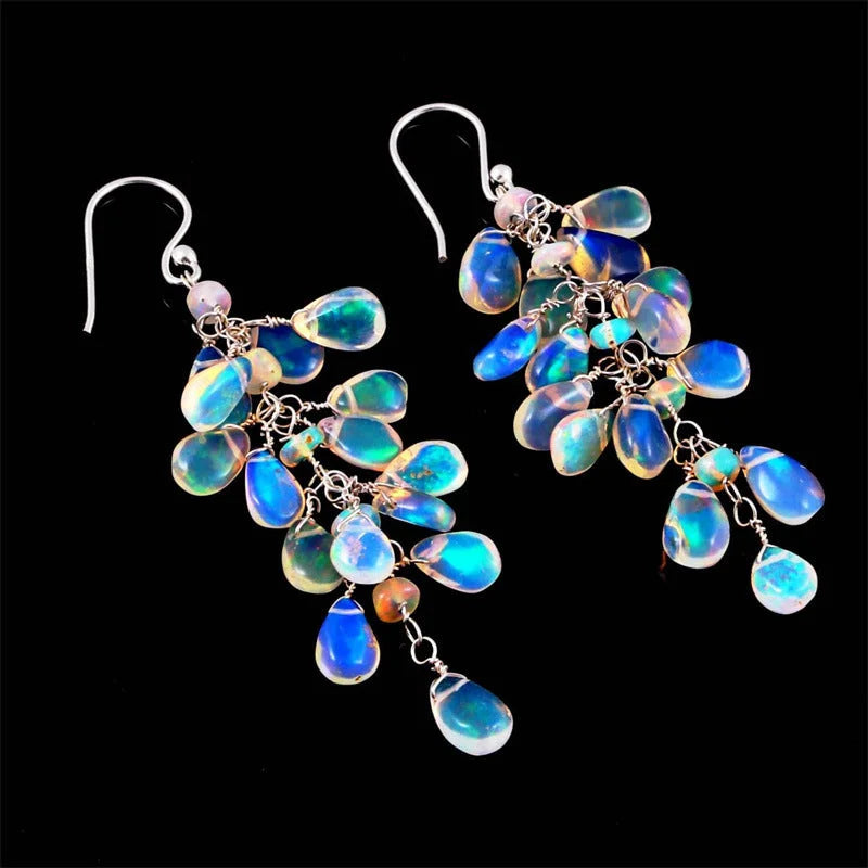 Vintage-Style Blue Moonstone Leaf Dangle Earrings