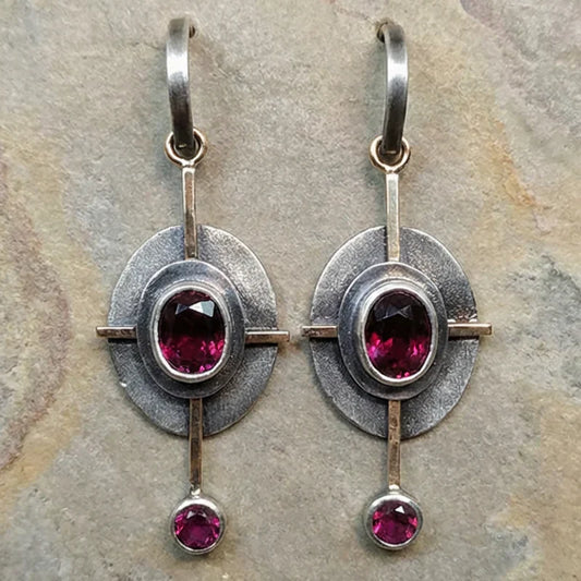 Handmade Boho Earrings with Oval and Round Garnet Stones