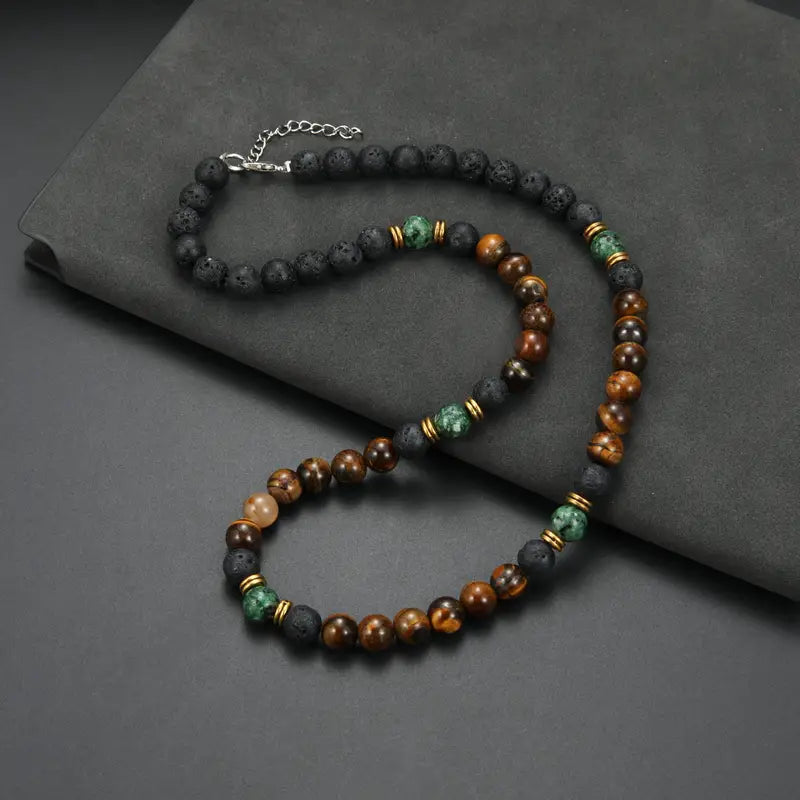 Men's Tiger's Eye and Lava Stone Necklace with Green Beads